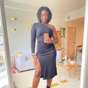 Zara One Shoulder Ruched Black Midi Dress with Side Slit Size Medium